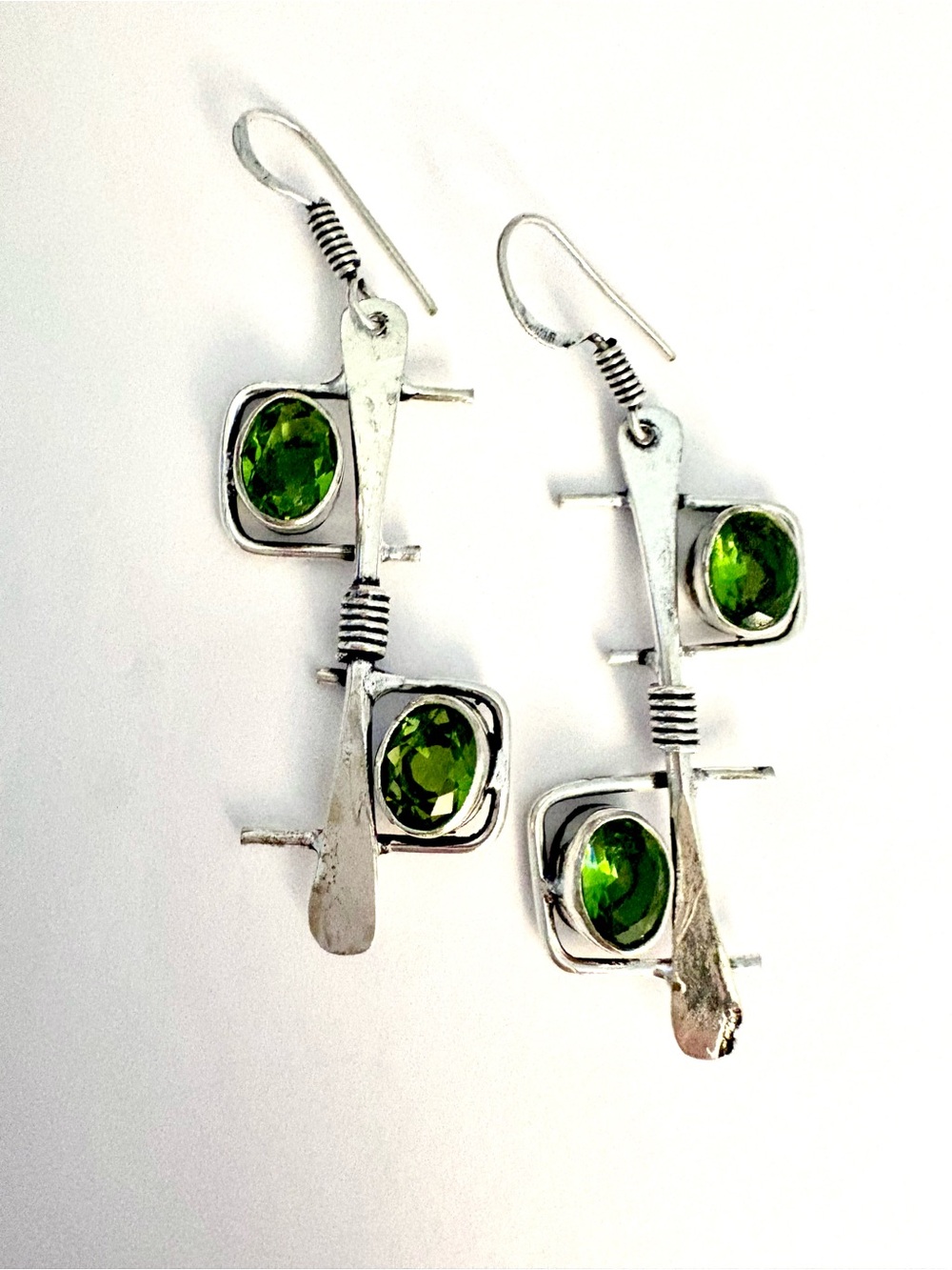 Unique design, 2 inch, 2 Peridot gemstone earrings.